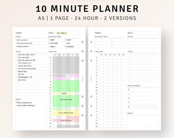 May include: A printable A5 planner with a 10-minute time block schedule for each hour of the day. The planner has two versions, one with a to-do list and the other with a schedule keys section. The planner is dated for March 22nd.