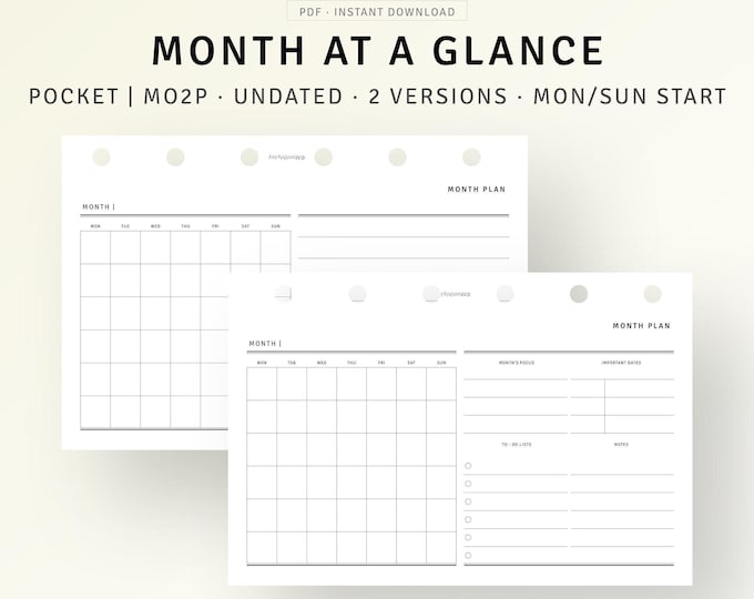 Monthly Overview | Pocket Ring Printable Planner Inserts | MO1P Layout ...