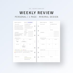 Week in Review Afdrukbare persoonlijke bijlagen, sjabloon voor wekelijkse reflectiedagboek, wekelijkse check-in, samenvatting weekdoeltracker, digitale download