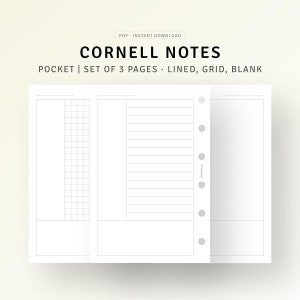 Cornell Notes Takeing Printable Pocket Ring Inserts, Study Lecture Planner Notes, Brain Dump Writing Paper, Meeting Notes, Digital Download