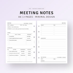 A6, Meeting Minutes Printable Minimalist Work Planner, Meeting Agenda, Project Agenda Template, Business Office Planner, Discussion Notes