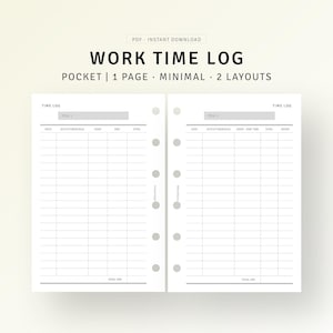 Planner de registro de tempo de trabalho mínimo, inserções de bolso, rastreador de planilha de ponto, bloqueio de tempo, trabalho em casa, gerenciamento de projetos, cartão de ponto de funcionário