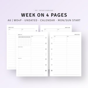 May include: A printable planner template for a week on four pages. The template is undated and has a calendar section, a weekly plan section, and a to-do list section. The template is designed for A6 size paper and has a Monday/Sunday start.