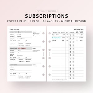 Subscription Tracker Pocket Plus Printable Inserts, Membership Payment ...
