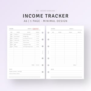 Income Tracker Printable A6 Ring Monthly Income Log, Personal Finance Tracker, Simple Money Management, Earning Organizer, Digital Download