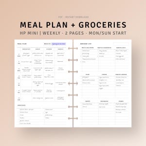 Planificador de comidas con lista de compras, insertos imprimibles HP Mini, plantilla de alimentos semanales, registro de comidas familiares, registro de nutrición diaria, descarga digital