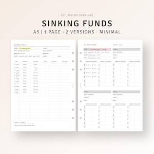 May include: A printable A5 page with two versions of a sinking funds tracker. The first version is a monthly tracker with a section for a vacation fund. The second version is a yearly tracker with a section for a Christmas gift and party fund. Both versions have sections for goal amount, monthly or yearly amount, start date, and end date. The trackers are designed to be minimal and easy to use.