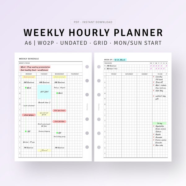 Weekly Hourly Planner A6 Inserts Printable, Week on Two Page, Productivity Planner, Schedule Organizer Template, Hobo Style Weekly Overview