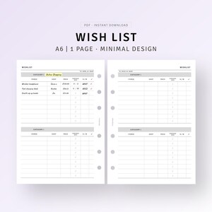 Druckbare Wunschliste Tracker A6 Planer Einsätze, Weihnachtswunschliste Vorlage, Einkaufsliste, Geschenke für mich, Kaufliste, digitaler Download PDF