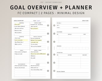 Planejador de definição de metas de vida para impressão, encartes compactos FC, quadro de visão para minimalistas, visão geral de metas mensais anuais, download instantâneo em PDF