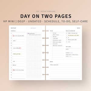 Day on 2 Pages HP Mini Printable Simple Daily Planner Pdf Template, Undated Daily Agenda Organizer, To do list, Work Schedule Timeline