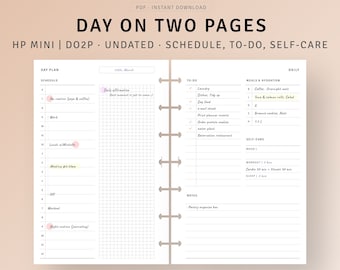 Day on 2 Pages HP Mini Printable Simple Daily Planner Pdf Template, Undated Daily Agenda Organizer, To do list, Work Schedule Timeline