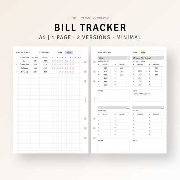 Bill Organizer Printable A5 Inserts, Money Spending Log Template, Expense Tracker Checklist, Monthly Bill Payment Reminder, Digital Download