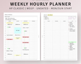 Organizador de horario semanal imprimible clásico HP, planificador semanal por horas sin fecha, planificador de productividad, bloqueo de tiempo, lista de tareas pendientes, insertos WO2P
