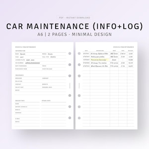 May include: A black and white printable car maintenance log with sections for vehicle information, insurance, driver info, other info, and a log of maintenance dates, descriptions, costs, and mileage. The log includes the text "CAR MAINTENANCE (INFO+LOG)" and "A6 | 2 PAGES | MINIMAL DESIGN".