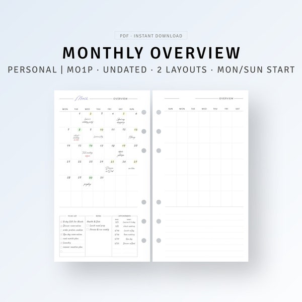 Printable Monthly Overview Personal Planner Inserts, Simple Monthly Calendar, Undated Monthly Agenda Template, To do list, Month on One Page