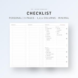 May include: A printable checklist for personal travel planning. The checklist is divided into three pages with columns for clothing, accessories, documents, and travel packing. The checklist includes items such as summer dress, jeans, shirts, crop tops, swimsuits, leggings, hats, jewelry, passport, ID card, flight tickets, hotel booking voucher, credit card, and driver's license.