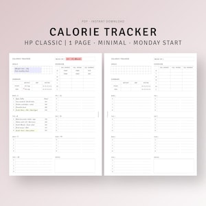 Weekly Calorie Tracker Printable HP Classic Inserts, Food Meal Diary Journal, Daily Calorie Counting, Weight Loss Tracker, Wellness Journal