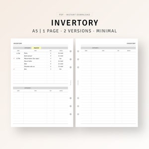Inventory Tracker Template A5 Planner Printable Inserts, Kitchen Cosmetic Inventory Storage Log, Home Management Organizer, Instant Download