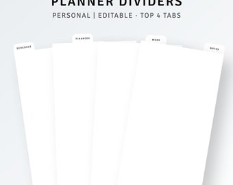 Personal, Planner Dividers Printable, PDF, PNG, Custom Top 4 Tabs, Editable Planner Dashboard Template, Binder Sectioning, Index Page Finder