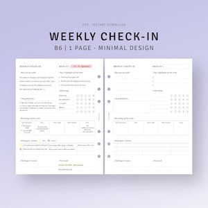 Puede incluir: Un planificador semanal imprimible con un diseño minimalista. El planificador incluye secciones para cómo fue tu semana, los mejores momentos, por qué estás agradecido, las mejores cosas de la semana, las metas de trabajo, los desafíos y las lecciones, y la próxima semana. El planificador está diseñado para usarse con una carpeta de anillas de tamaño B6.