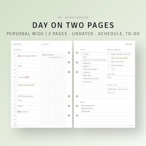 Organisator dagelijkse planning afdrukbare persoonlijke brede ring, dag op 2 pagina's, ongedateerde sjabloon dagelijkse werkagenda, takenlijst, digitale download-pdf