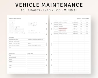 Carnet d'entretien de voiture imprimable avec anneau A5, suivi de l'entretien du véhicule, modèle de journal de kilométrage automobile, liste de réparations de voiture, cartable ménager