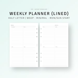 Undated Weekly Planner Half Letter Inserts Printable Week on 2 Pages, Weekly To do list, Simple Lined Weekly Agenda Sheet, Digital Download