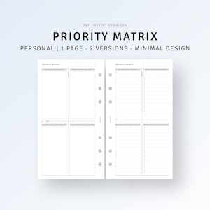Puede incluir: Un planificador de matriz de prioridad imprimible con dos versiones. El planificador está diseñado para uso personal e incluye una sección para tareas que son importantes y urgentes, importantes pero no urgentes, urgentes pero no importantes y no urgentes y no importantes.