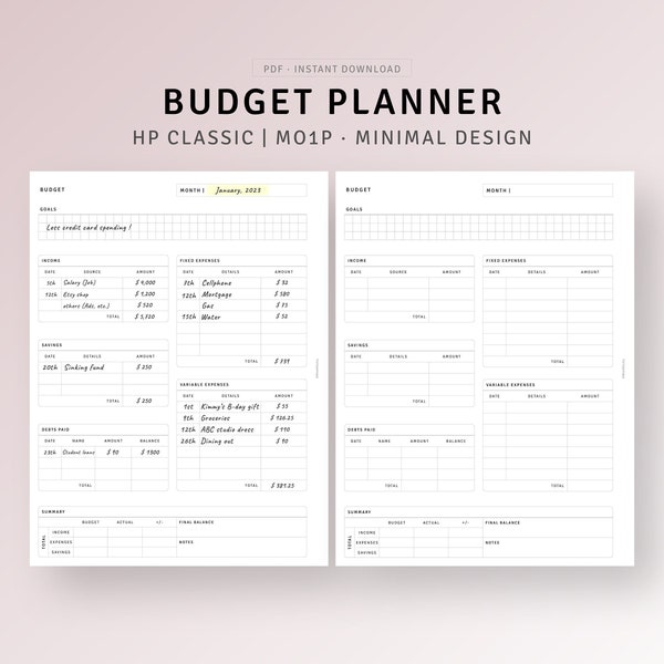 Budget Planning Template HP Classic Size Inserts Printable Monthly Financial Journal, Money Log, Income Expense Tracker, Personal Finance