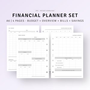 Puede incluir: Un conjunto de cuatro páginas de planificador financiero A6 imprimibles. Las páginas incluyen un rastreador de facturas, un presupuesto mensual, un desafío de ahorro de 30 días y un calendario y una descripción general.