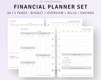 May include: A set of four printable A6 financial planner pages. The pages include a bill tracker, monthly budget, 30-day saving challenge, and calendar and overview.