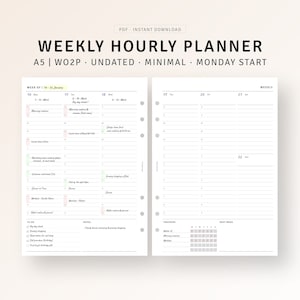 Può includere: Un planner orario settimanale in formato A5 con un design minimalista. Il planner è non datato e inizia il lunedì. Il planner ha una sezione di panoramica settimanale e una sezione giornaliera con slot orari. Il planner include anche un elenco di cose da fare, una sezione note e tracker.
