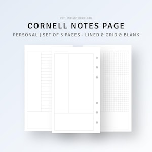 Könnte beinhalten: Satz von drei druckbaren Cornell Notes Seiten im PDF-Format. Die Seiten sind für den persönlichen Gebrauch konzipiert und beinhalten linierte, karierte und leere Optionen.