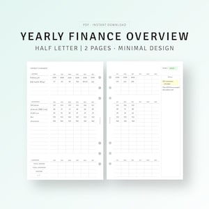 Puede incluir: Un planificador anual de resumen de finanzas imprimible con un diseño minimalista. El planificador está dividido en dos páginas, con la página izquierda mostrando los ingresos y gastos de cada mes del año, y la página derecha mostrando notas y un resumen de los ingresos totales, gastos y ahorros.