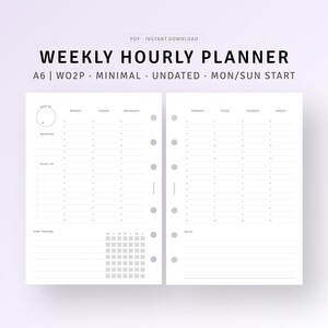 Weekly Hourly Planner with Tracker Printable A6 Inserts, Minimal Weekly Schedule Organizer, To do list, Week on 2 Pages, Instant Download