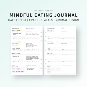 May include: A printable mindful eating journal with a minimalist design. The journal is divided into three sections for meals, with space to record what was eaten, the reason for eating, how the person felt before and after eating, and a summary of water, vegetables, fruits, vitamins, and exercise. The journal also includes space for reflection and gratitude.