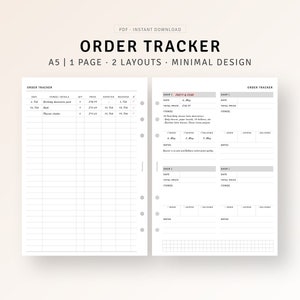 May include: A printable order tracker template in A5 size with two layouts. The first layout is a simple order tracker with columns for date, items, details, price, expected date, and received date. The second layout is a shop order tracker with columns for date, order, shipped, and delivered. Both layouts have space for notes.