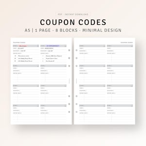 Könnte beinhalten: Ein druckbarer Coupon-Code-Tracker mit acht Abschnitten zum Organisieren von Coupons. Jeder Abschnitt verfügt über Felder für den Ladennamen, den Code, den Rabatt und das Ablaufdatum. Das druckbare Blatt ist für die Verwendung in einem persönlichen Planer konzipiert.