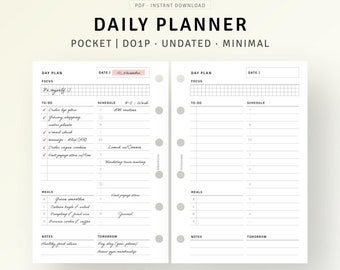 Undatierter Taschenplaner, Tagesplaner, Stundenplaner, Printable Pocket Binder, Keine Übersicht für jeden Tag, To do Liste, Sofort Download