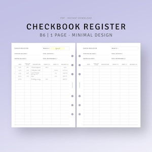 May include: A printable checkbook register template in a minimalist design. The template is for a B6 size notebook and has space for recording dates, descriptions, credit, debit, and balance. The month is April.