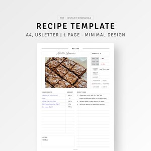 Recipe Template A4/letter Planner Printable Kitchen Recipe Planner PDF, Simple Cook Book, Recipe ...