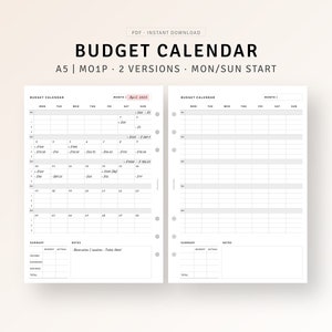 Budget Calendar Template A5 Ring Inserts Printable Income Expense Tracker, Personal Finance, Monthly Financial Journal, Bill Payment Log PDF