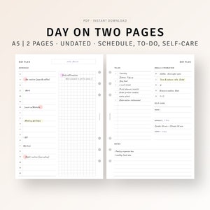 A5 Inserts, Day on Two Pages Printable Daily Planner Pages Template PDF, Undated Daily Agenda Organizer, To do list, Daily Schedule Timeline