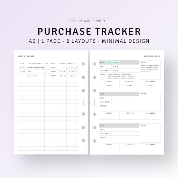 A6 Planner Inserts | Purchase Tracker Printable Online Shopping List, Spending Log, Shopping Tracker Sheet, Expense Journal Template
