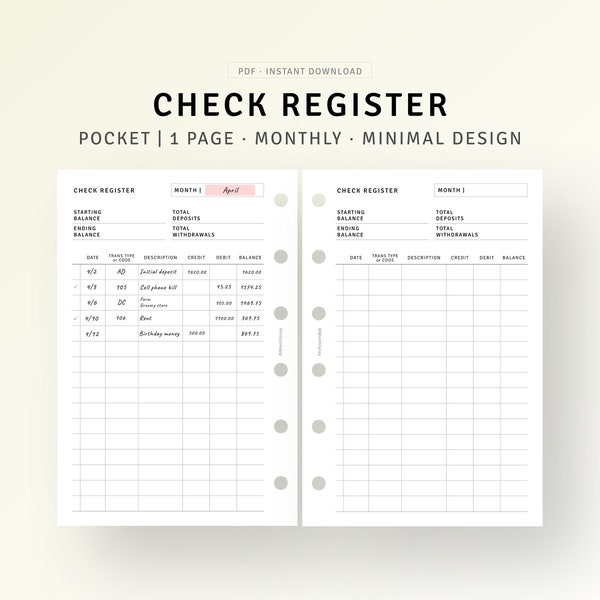 Pocket, Check Register Printable Template, Checkbook Ledger, Spending Money Tracker Payment Checklist, Checkbook Log Page, Home Budget Sheet