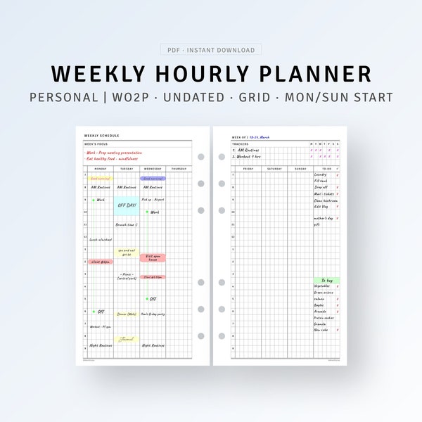 Personal, Printable Weekly Schedule Template, Weekly Hourly Planner, Week on Two Pages, Undated Weekly Agenda Organizer, WO2P, To do list