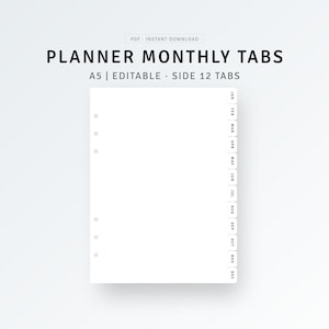 A5 Size Planner Monthly Dividers Printable Monthly 12 Side Tabs, PDF, PNG, Editable Divider Template, A5 Ring Inserts, Index Page Finder