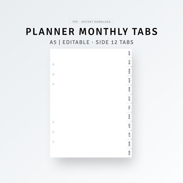 A5 Größe Planer Monatliche Dividers Printable Monthly 12 Side Tabs, PDF, PNG, bearbeitbare Divider Vorlage, A5 Ringeinsätze, Index Page Finder