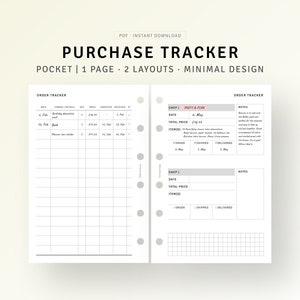 Könnte beinhalten: Ein druckbarer Kauf-Tracker mit zwei Layouts. Das erste Layout ist ein Raster mit Spalten für Datum, Artikeldetails, Menge, Preis, erwartet, erhalten und Häkchen. Das zweite Layout ist ein Raster mit Spalten für Datum, Gesamtpreis, Artikel, Bestellung, versandt und geliefert. Der Text "PURCHASE TRACKER" befindet sich oben auf der Seite.
